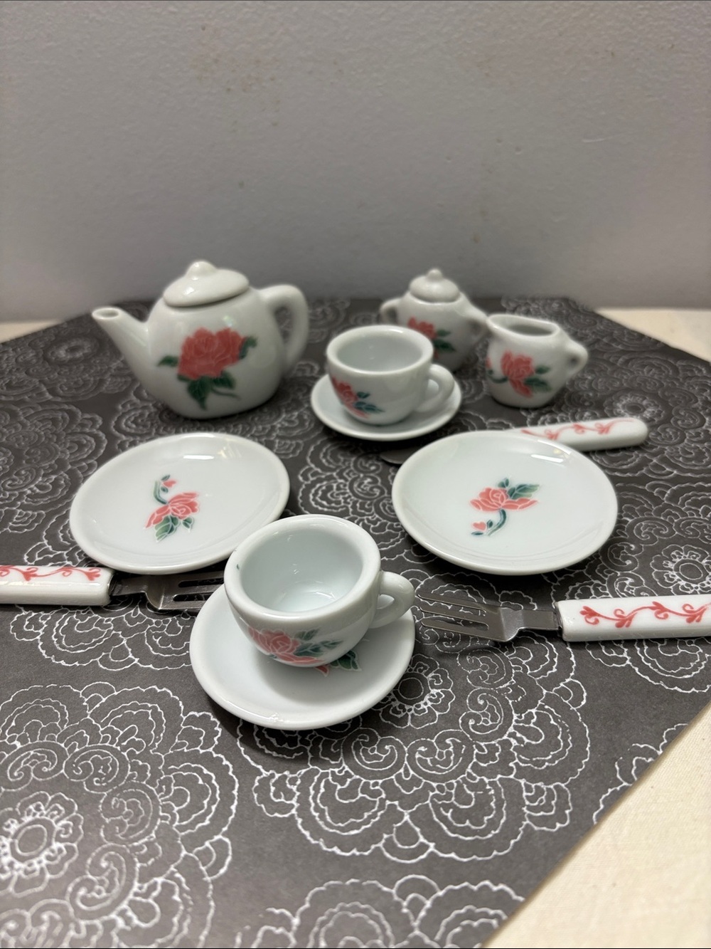 Miniature Porcelain Tea Set with Pink Rose Motif